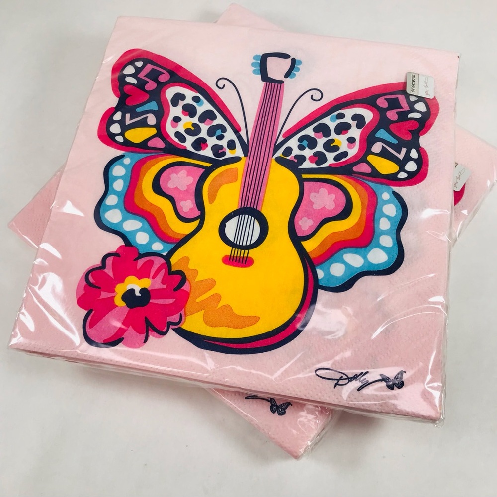 Dolly Parton Paper Napkins Pink 16ct There'll Always Be Music Guitar Butterfly - Picture 7 of 7